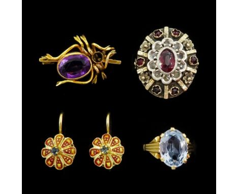 Pair of gold sapphire and enamel earrings, gold blue paste stone set ring, silver and gold garnet and rose cut diamond cluste