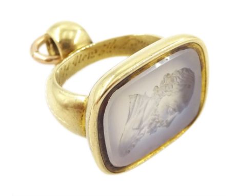 George III 15ct gold seal fob, chalcedony intaglio depicting a bust portrait of a man, the gold engraved 'John Gaud Obt Novem