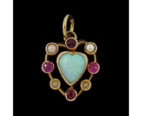 Early 20th century 14ct gold opal, ruby and pearl heart pendantCondition Report:Approx 1.55gm, tested 14ct, diameter = 13mm x
