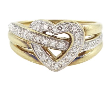 9ct gold diamond heart crossover ring, hallmarkedCondition Report:Approx 5.45gm, size S-T, max depth = 12mm