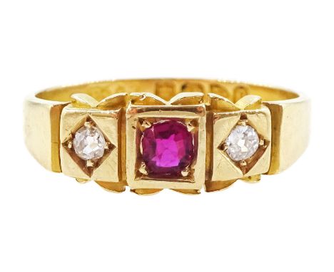 Victorian 18ct gold gypsy set, three stone ruby and old cut diamond ring, Chester 1897Condition Report:Approx 3.2gm, size M, 