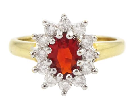 18ct gold oval cut fire opal and round brilliant cut diamond cluster ring, hallmarked, fire opal approx 0.40 carat, total dia