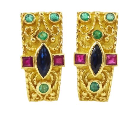 Pair of Middle Eastern 18ct god vari-cut sapphire, emerald and ruby earrings, stamped 750Condition Report:Approx 7.95gm, leng