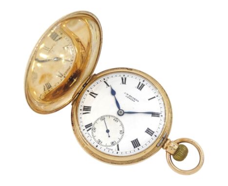 Early 20th century 9ct gold full hunter keyless lever pocket watch by J.W. Benson, London, white enamel dial with Roman numer