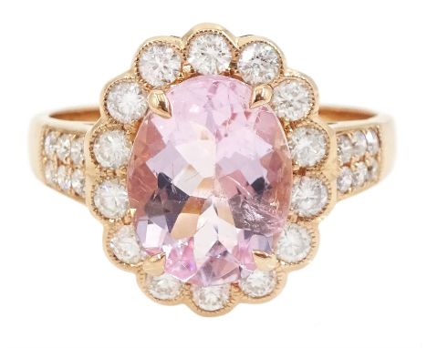 18ct rose gold oval cut morganite and milgrain set, round brilliant cut diamond cluster ring, with diamond set shoulders, sta