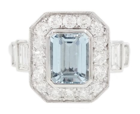 Platinum aquamarine and diamond cluster ring, emerald cut aquamarine of approx 1.40 carat, with milgrain set round brilliant 
