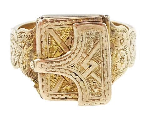 Victorian 9ct gold hinged locket mourning ring, the sides with engraved foliate decoration and plaited hair shank, Birmingham
