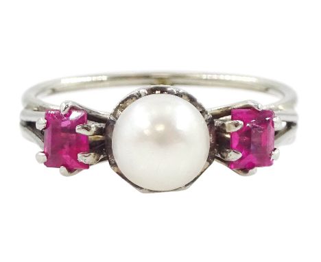 18ct white gold three stone emerald cut ruby and cultured pearl ringCondition Report:Approx 3.35gm, tested 18ct, size M, max 