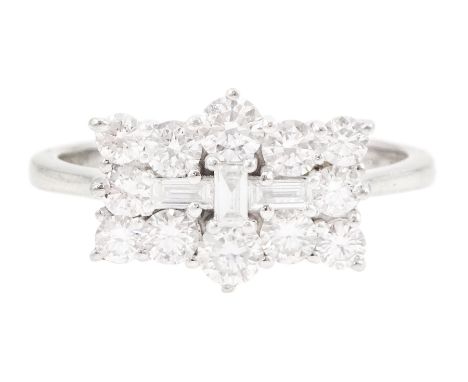 Platinum round brilliant cut and baguette cut diamond cluster ring, hallmarked, total diamond weight approx 1.00 caratConditi