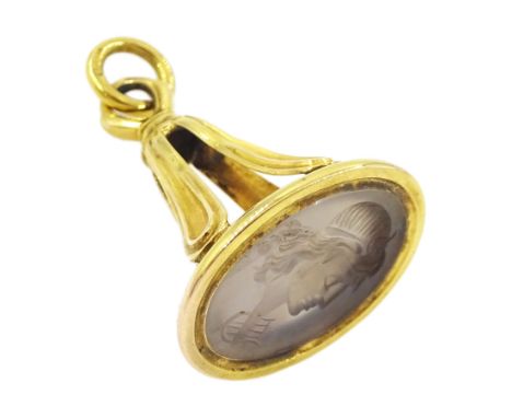 19ct century 12ct gold seal fob, chalcedony intaglio depicting bust portrait with a lyre, probably Apollo, with a wax seal im