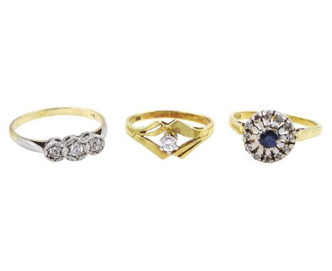 Early 20th century 9ct gold and platinum three stone old cut diamond ring, later 18ct gold sapphire and diamond ring, Birming