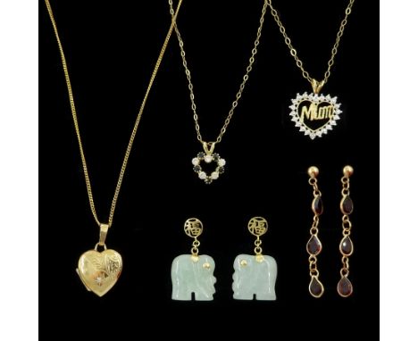 Pair of 14ct gold jade elephant stud earrings, three 9ct gold pendant necklaces and a pair of 9ct gold garnet pendant stud ea