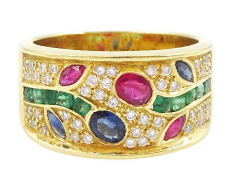 18ct gold pave set, round brilliant cut diamond and vari-cut sapphire, emerald and ruby floral ring, Edinburgh import mark 19