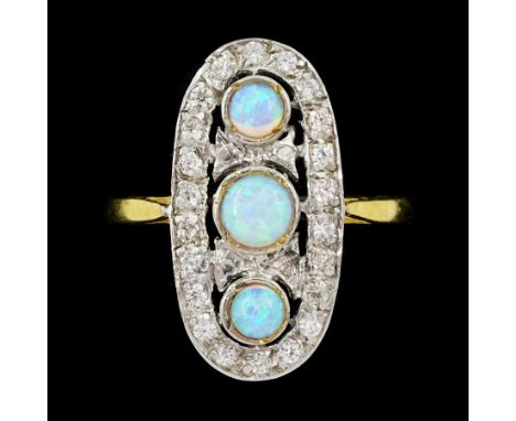 Silver-gilt three stone opal and cubic zirconia cluster ring, stamped SilCondition Report:Size N-O, length = 20mm, goo condit
