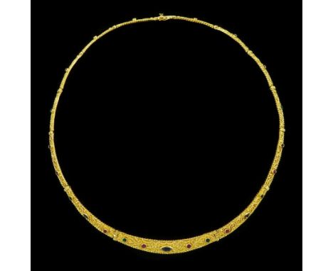 Middle Eastern 18ct gold vari-cut sapphire, emerald and ruby, filigree link design articulated link necklace, stamped 750Cond