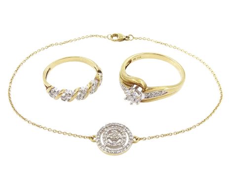Two gold diamond rings and a gold diamond circular bracelet, all 9ctCondition Report:Approx 6.75gm, ring sizes T and half ete