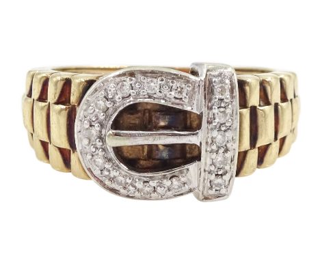 9ct gold round brilliant cut diamond buckle ring, hallmarkedCondition Report:Approx 7.3gm, size S, max depth = 10.3mm, hallma