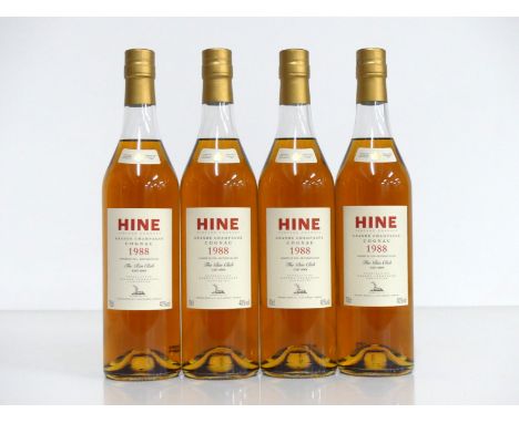 4 70-cl bts Hine Grande Champagne Cognac 1988 Landed 1990, bottled 2006 (Tanners)