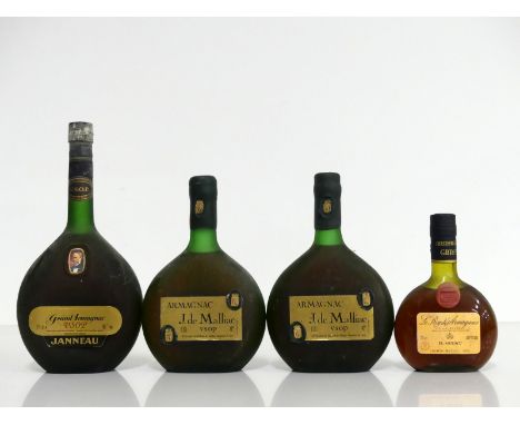 1 litre bt Janneau Grand Armagnac V.S.O.P. 40% bs, oxidised capsule 2 70-cl bts J de Malliac V.S.O.P. Armagnac 40° bs 1 35-cl