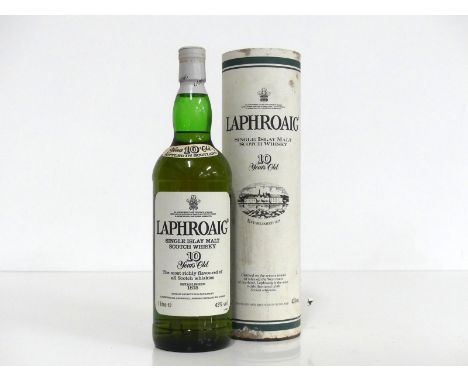 1 litre bt Laphroaig 10YO Single Islay Malt Scotch Whisky 43% vsl corroded capsule original tube - damaged
