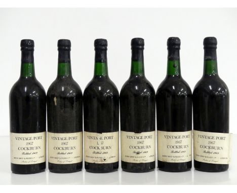 6 bts Cockburns 1967 Vintage Port EB BB&amp;R base of neck, sl bs,  sl dam capsules