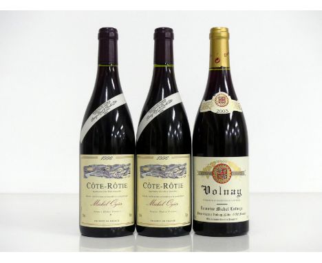 2 bts Côte-Rôtie 1996 Michel Ogier hf,  vsl ntl, BB&amp;R slip label 1 bt Volnay 2003 Dom Michel Lafarge hf/i.n Above 3 bottl