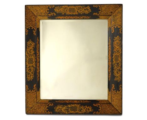 A BLACK AND GILT-DECORATED MIRROR  LATE 19TH/EARLY 20TH CENTURY With a later plate 71.5cm high, 63.5cm wide Provenance: With 