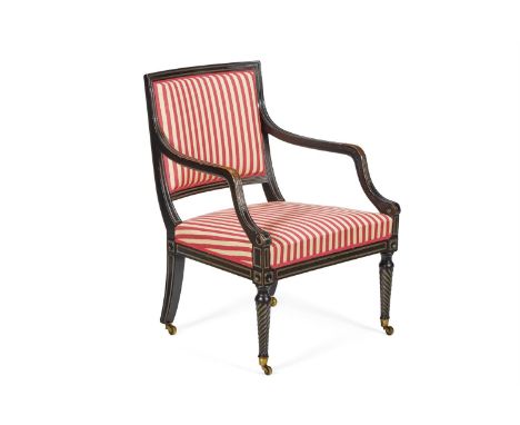 A REGENCY EBONISED OPEN ARMCHAIR   EARLY 19TH CENTURY   With red and cream striped cotton upholstery  84cm high, 61cm wide, 6