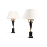 A PAIR OF BRASS MOUNTED TOLE LAMPS, FRENCH, 19TH CENTURY