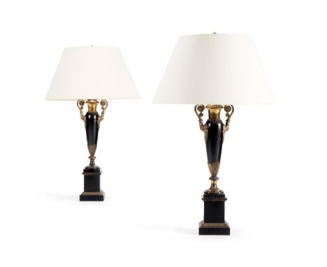 A PAIR OF BRASS MOUNTED TOLE LAMPS FRENCH, 19TH CENTURY Now mounted and fitted for electricity 86cm high overall  Condition R