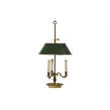 A BRASS THREE BRANCH BOUILLOTTE LAMP, FRENCH, SECOND HALF 19TH CENTURY