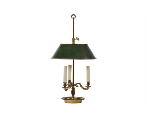 A BRASS THREE BRANCH BOUILLOTTE LAMP  FRENCH, SECOND HALF 19TH CENTURY AND LATER, IN THE DIRECTOIRE STYLE  With green painted