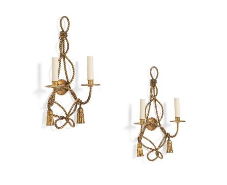 A PAIR OF GILT METAL TWIN BRANCH, ROPE TWIST WALL LIGHTS MID 20TH CENTURY Wired for electricity 50cm high, 30cm wide, 14cm de