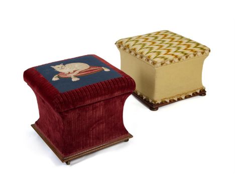 A NEEDLEWORK AND UPHOLSTERED MAHOGANY STOOL ENGLISH, MID 19TH CENTURY  Upholstered in red striped velvet, with a central tape