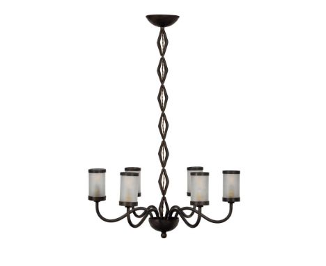 A WROUGHT IRON SIX-BRANCH CHANDELIER CONTINENTAL, MID 20TH CENTURY With later cylindrical glass shades 99.5cm high overall   