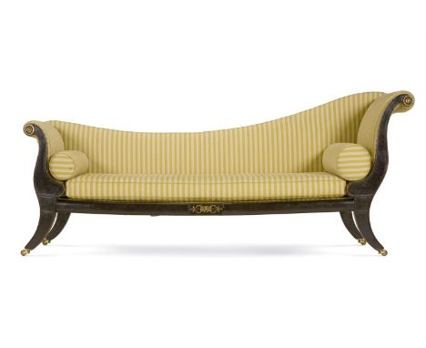 A REGENCY BRASS-MOUNTED EBONISED SOFA EARLY 19TH CENTURY  Upholstered in green stripe fabric  87cm high, 210cm wide, 72cm dee