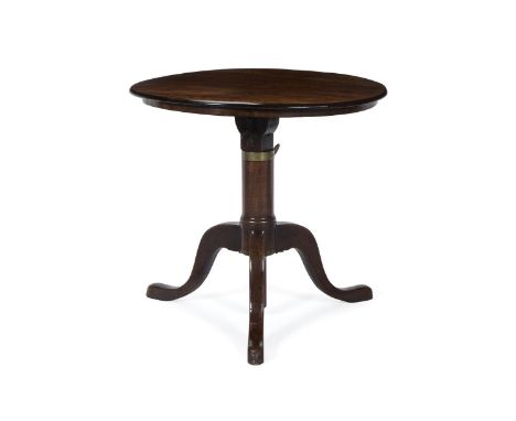 A GEORGE III BRASS BOUND MAHOGANY CAMPAIGN TRIPOD TABLE  LATE 18TH CENTURY  The adjustable circular veneered top on an adjust