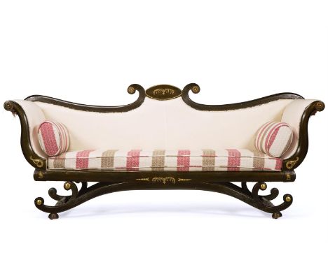 A REGENCY BRASS-MOUNTED DARK BRONZE PAINTED SOFA   EARLY 19TH CENTURY With striped cotton upholstered cushions and calico uph