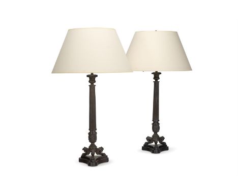 A PAIR OF BRONZE COLUMN LAMPS OF LARGE SIZE LATE 20TH CENTURY, IN THE LOUIS PHILLIPE STYLE  101cm high overall  Condition Rep