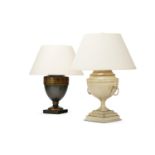 A PARCEL GILT AND DARK GREEN TOLE VASE LAMP, MODERN