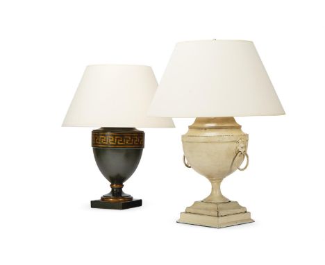 A PARCEL GILT AND DARK GREEN TOLE VASE LAMP  MODERN With a Greek key band to the top 71cm high overallTogether with a later w