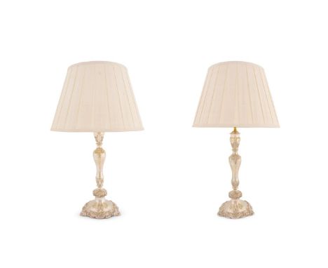 A PAIR OF WHITE METAL CANDLESTICK LAMPS LATE 20TH CENTURY Wired for electricity 71cm high overall 