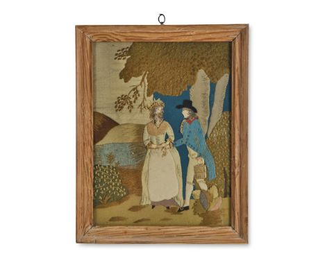 A FELT COLLAGE AND EMBROIDERY PICTURE OF A COURTING COUPLE ENGLISH, LATE 18TH CENTURY   42cm high, 33cm wide Provenance: With