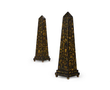A PAIR OF BLACK PAINTED AND GILT DECOUPAGE DECORATED WOODEN OBELISKS MODERN 49.5cm high, 13cm square  Condition Report:  With