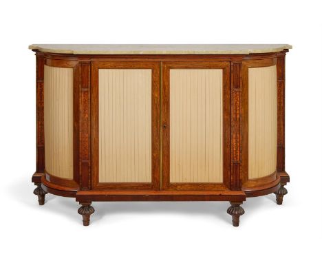 Y A REGENCY REVIVAL BRAZILIAN ROSEWOOD AND SATINWOOD SIDE CABINET BY CREWS & SON, EXMOUTH, MID 20TH CENTURY  Of broken D-shap