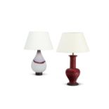 A LILAC, VIOLET AND WHITE GLASS VASE LAMP, MODERN