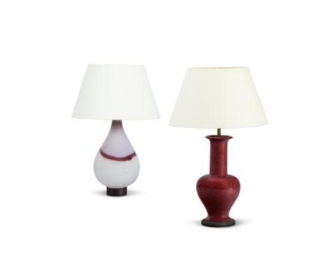 A LILAC, VIOLET AND WHITE GLASS VASE LAMP MODERN  61.5cm high overallTogether with a faux porphyry lamp, modern, 60cm high ov