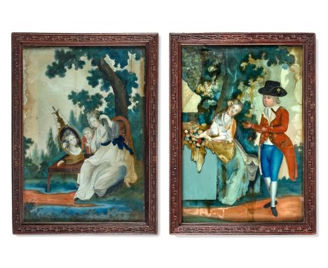 A PAIR OF REVERSE GLASS PAINTINGS CHINESE EXPORT, LATE 18TH CENTURY One depicting a courting couple, the other a lady and her