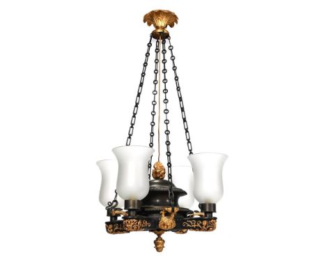 A REGENCY ORMOLU AND BRONZE FOUR LIGHT COLZA CHANDELIER  EARLY 19TH CENTURY  Previously oil, now fitted for electricity 95cm 