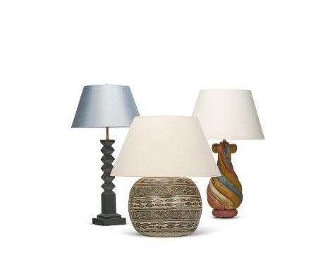 A POLYCHROME PAINTED WOODEN LAMP  INDIAN, 20TH CENTURY Of spiral form, mounted as a lamp and wired for electricity 81cm high 